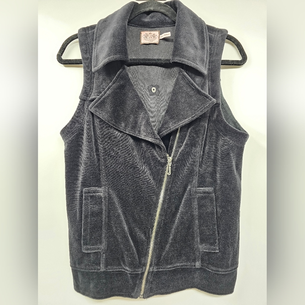 Juicy Couture Black Velour Vest Moto Asymmetrical Zip Up Size Medium